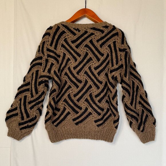 80s Vintage Saturdays Black Brown Twisted Chunky Knit Ballon Sleeve Sweater - Picture 6 of 10
